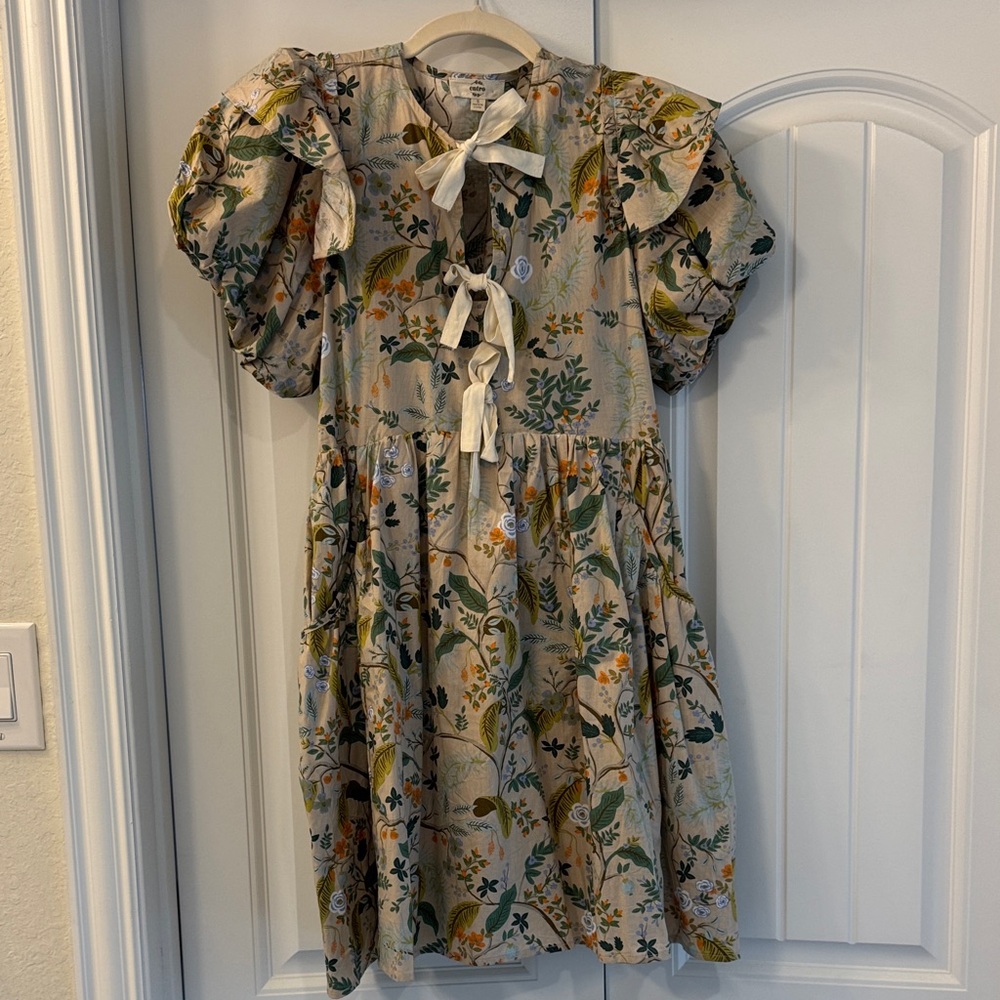 Floral Dress with Puff Sleeves and Bow Accents